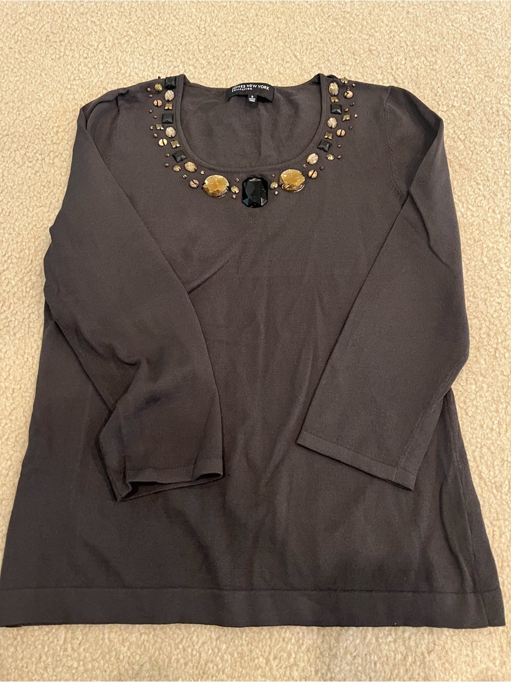 Jones New York Brown Scoop Neck Top with Jeweled Embellishments